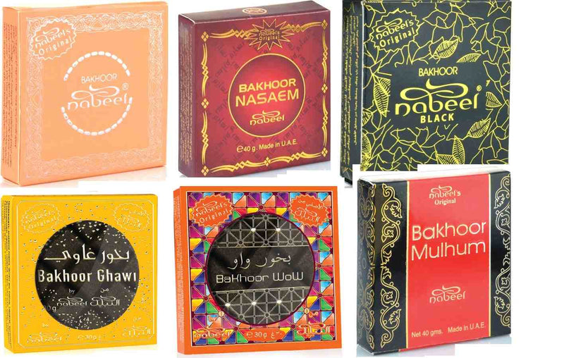 Assorted  Set of Seven (7) Nabeel Bakhoors:  Nabeel, Nasaem, Black, Mulhum, Maamul, Ghawi & Wow