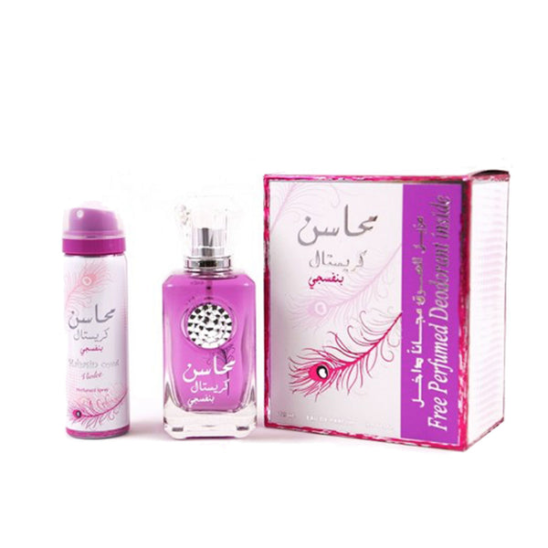Mahasin Crystal Violet  with Deo - Eau De Parfum Spray (100 ml - 3.4Fl oz) by Lattafa - Al-Rashad Inc